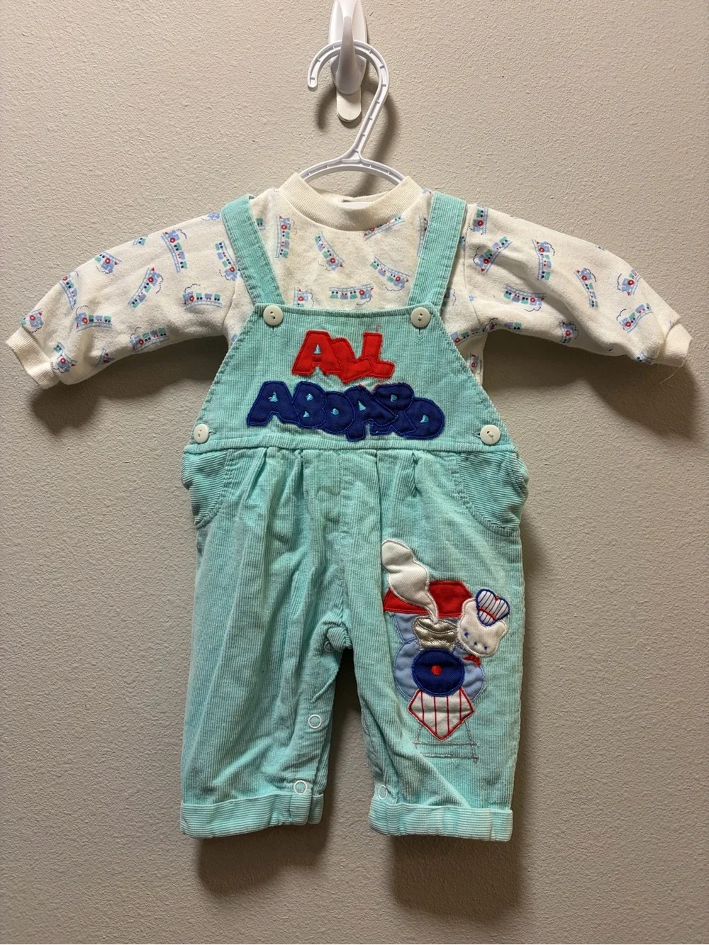 Vintage 90s Mayfair Mint Corduroy Train Romper Set - Kidcore 0-6M